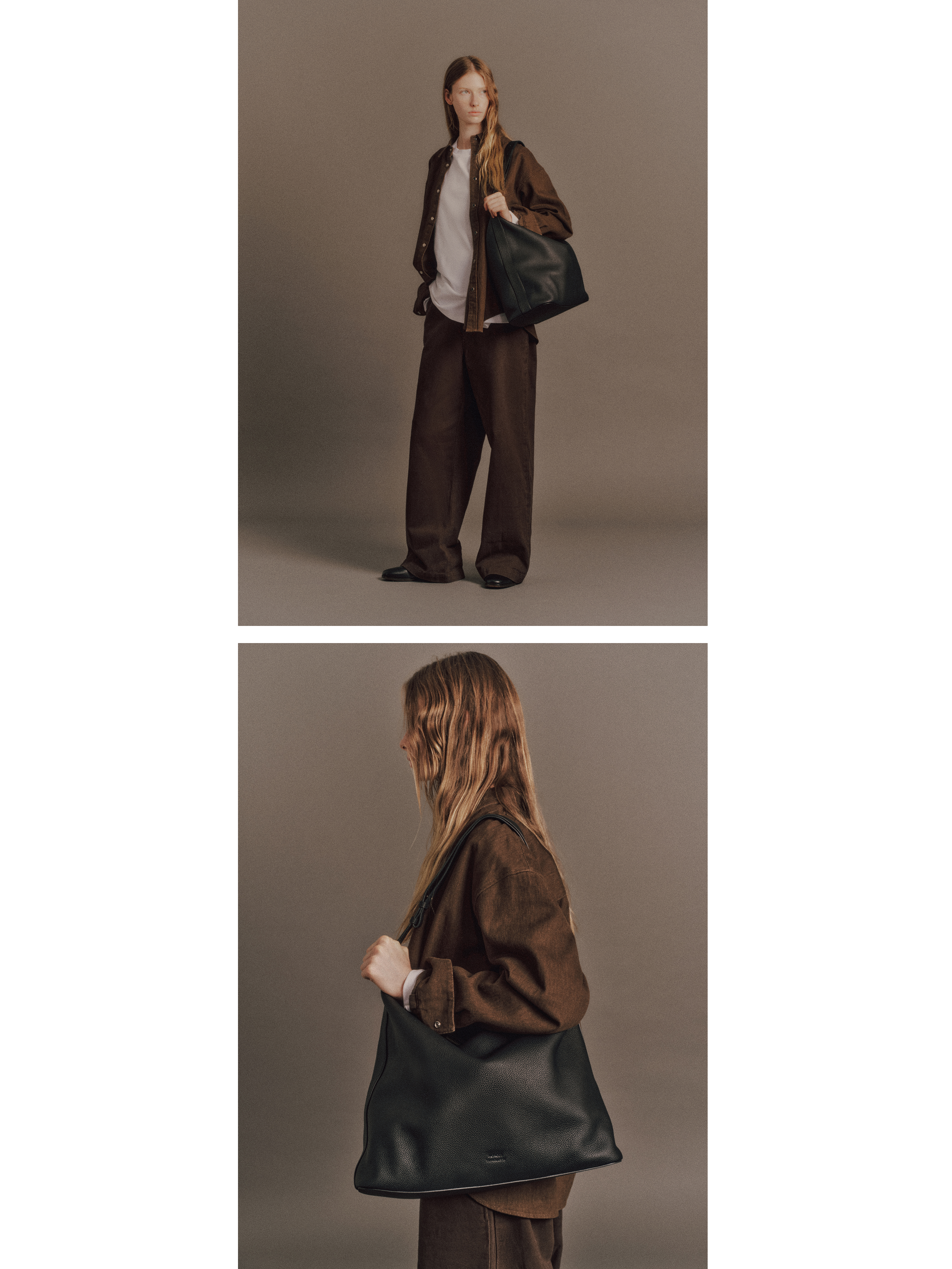 Tyla wears Drago Shirt in Chestnuts Brown, Denzel Top in White, Montero Pant in Charcoal Grey, Cow Leather Aura Bag In Black