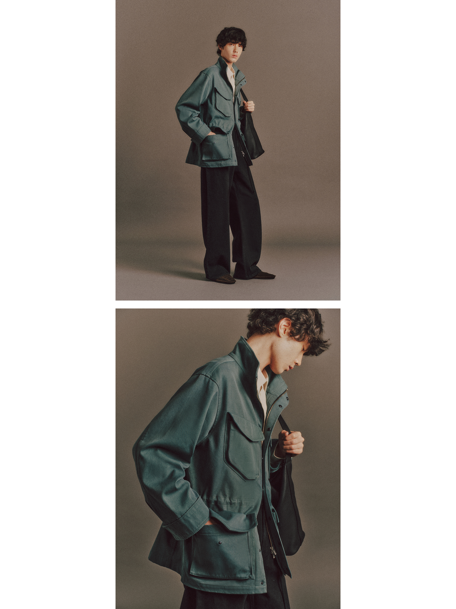 Émile wears Burt Shirt In Light Green, Archie Jacket In Green, Satie Jean In Washed Black, Cow Leather Aura Bag In Black