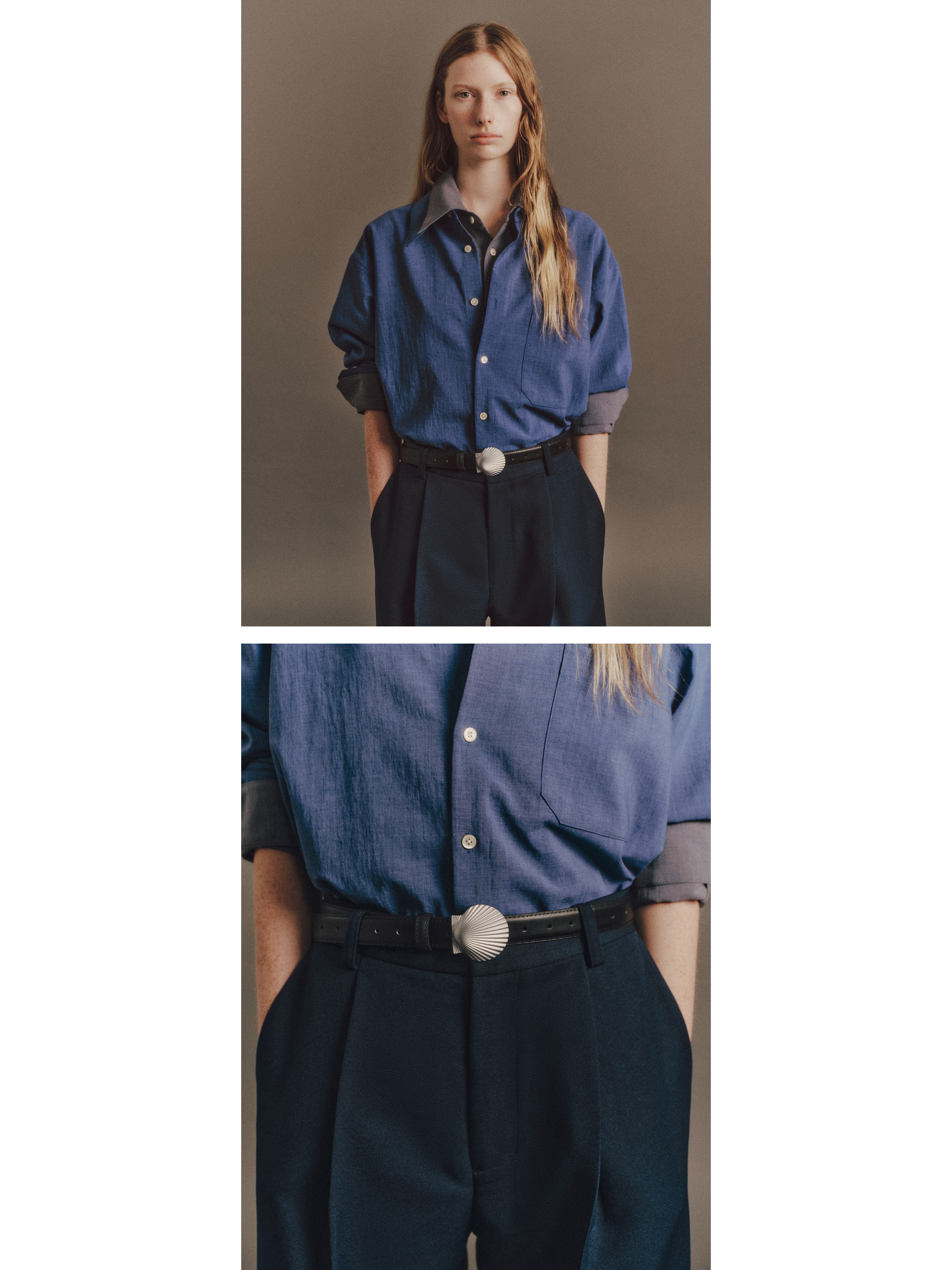 Tyla wears Hayd Shirt in Mist Blue & Mist Grey, Luka Pant in Dark Navy, Shell Belt In Matt Silver