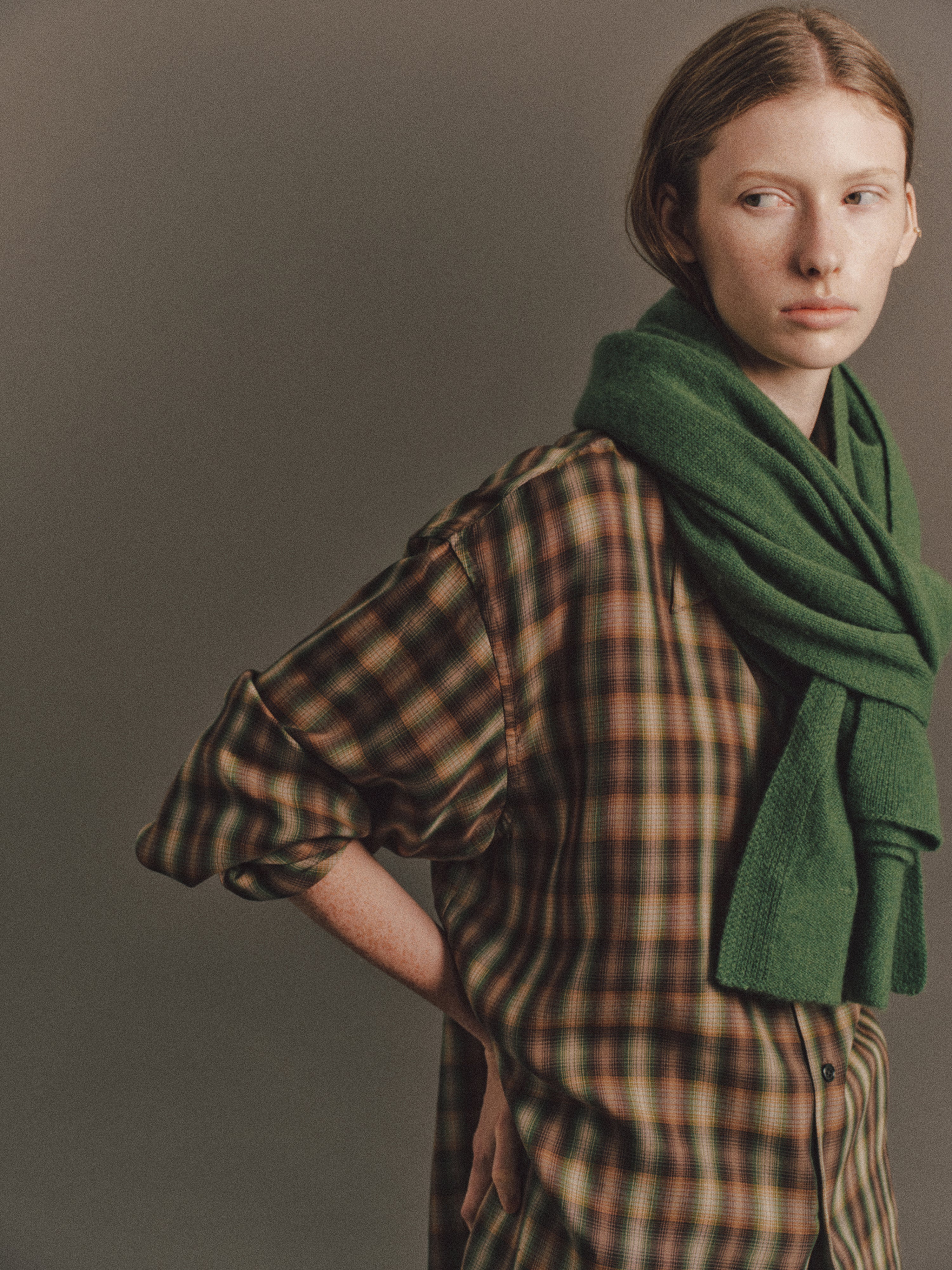 Tyla wears Hayd Shirt in Green Check, Molly Scarf In Green