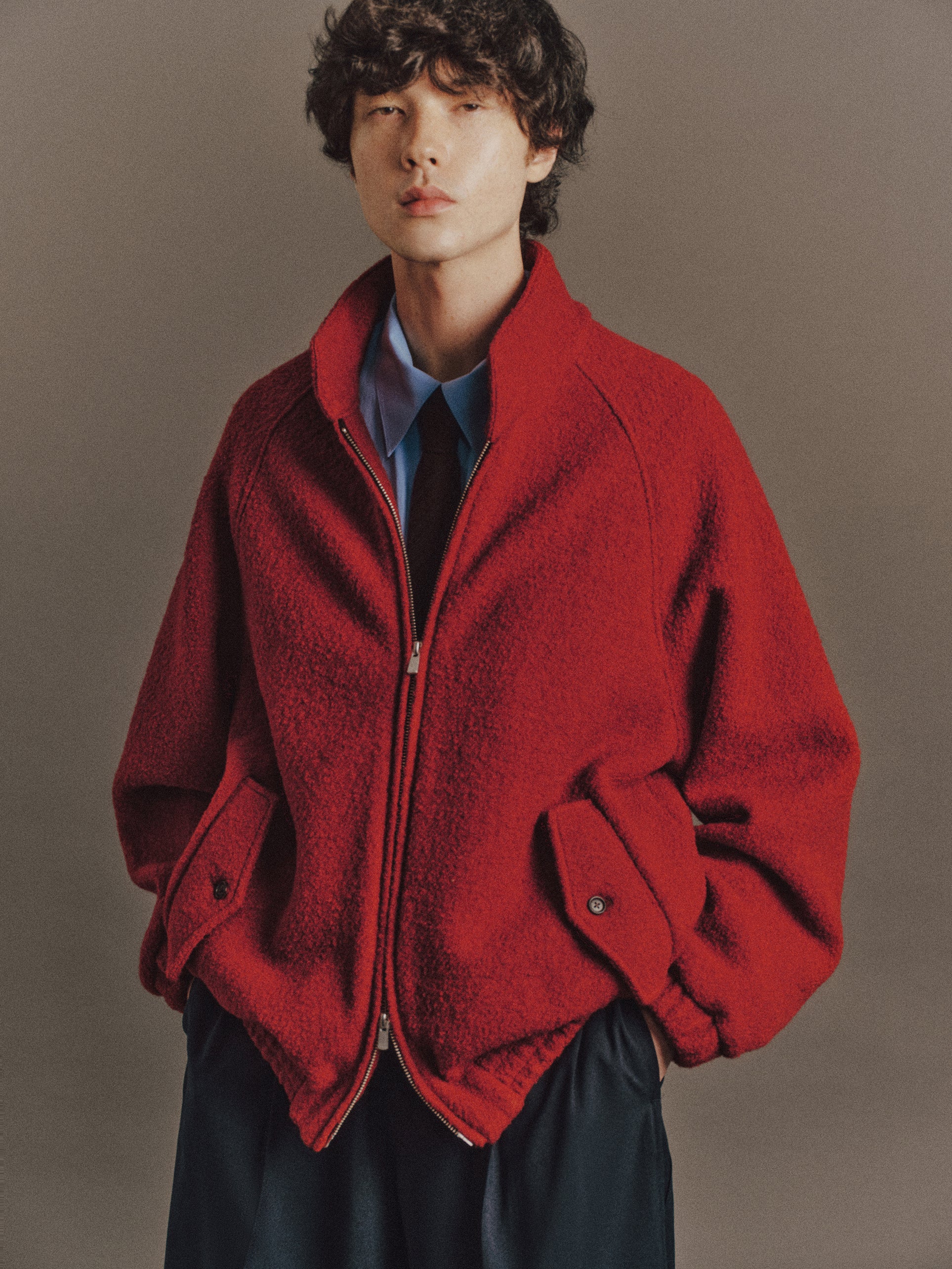 Émile wears Haley Shirt In Light Blue, Lewis Jacket In Red, Carter Pant In Dark Navy, Charlotte Tie In Wine Red Stripe