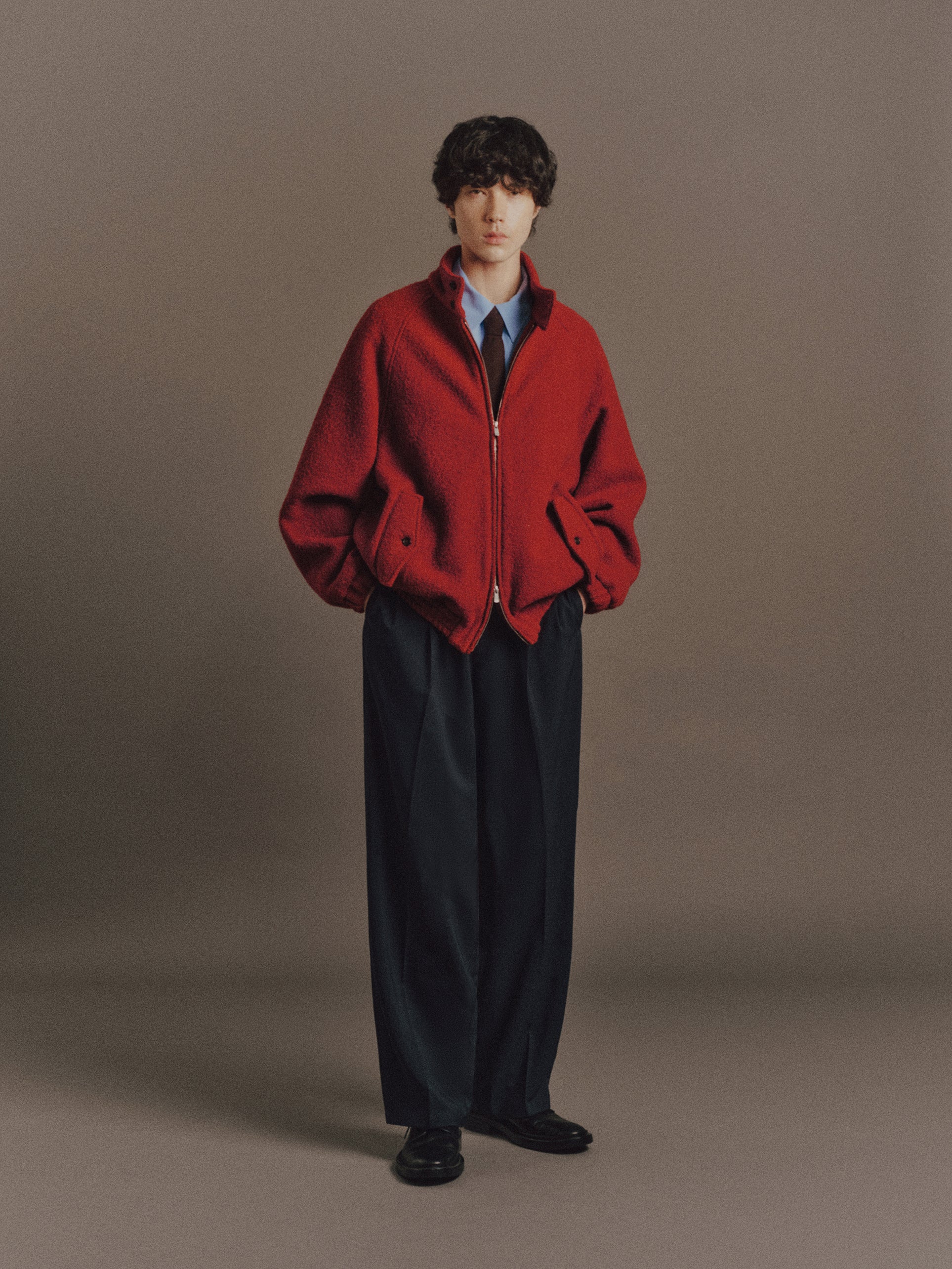 Émile wears Haley Shirt In Light Blue, Lewis Jacket In Red, Carter Pant In Dark Navy, Charlotte Tie In Wine Red Stripe